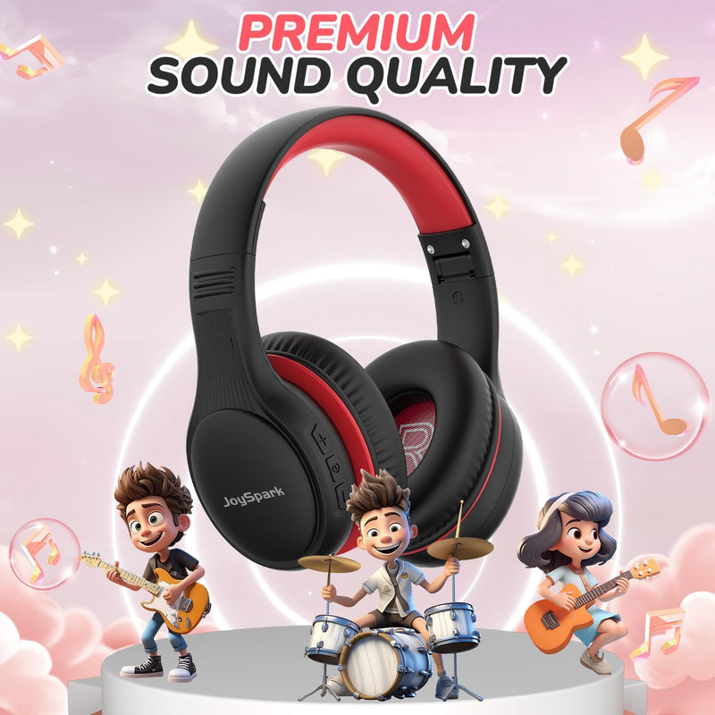 JoySpark Kids Bluetooth Headphones, 60 Hours Playtime, Bluetooth 5.4 Kids Headphones Wireless, Type-C Fast Charging, 85/94dB Volume Limited, Foldable Toddler Wireless Headsets with Mic-Black Red