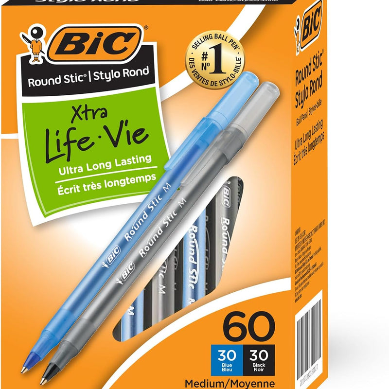 BIC Round Stic Xtra Life Ballpoint Pens, 1mm, Black & Blue, Pack of 60 | Bulk Pack of 30 Black & 30 Blue Pens, Office Essentials and Teacher Supplies for Back-to-School Classrooms