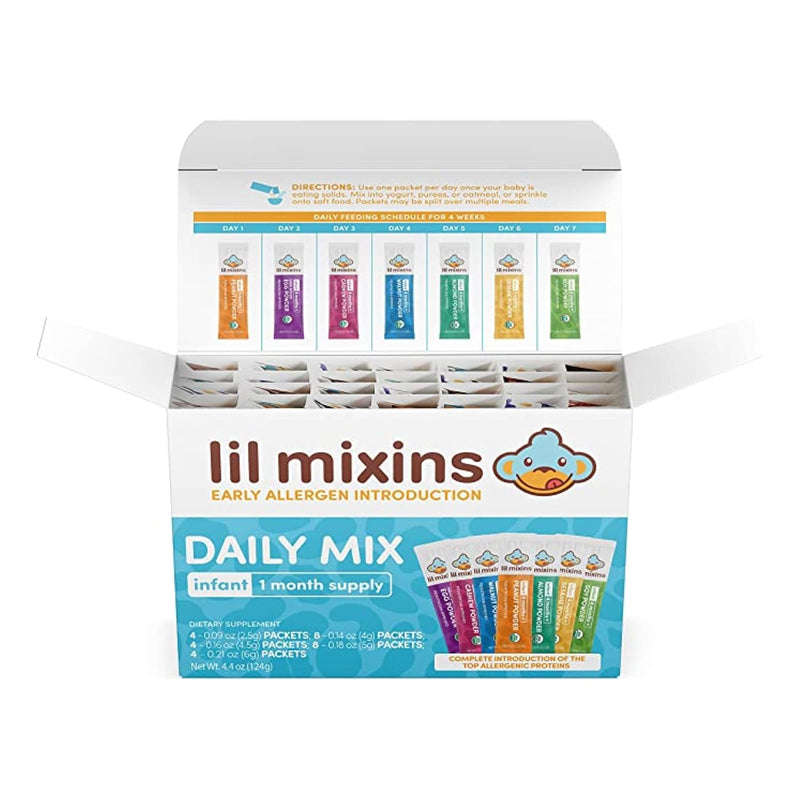 Lil Mixins Allergen Introduction Daily Mix for Babies, Top 7 Allergens | 7 Common Allergens: Peanut, Egg, Cashew, Walnut, Almond, Soy, Sesame, Easy-Mix Powder for Babies 4-12 Months, 1-Month Supply