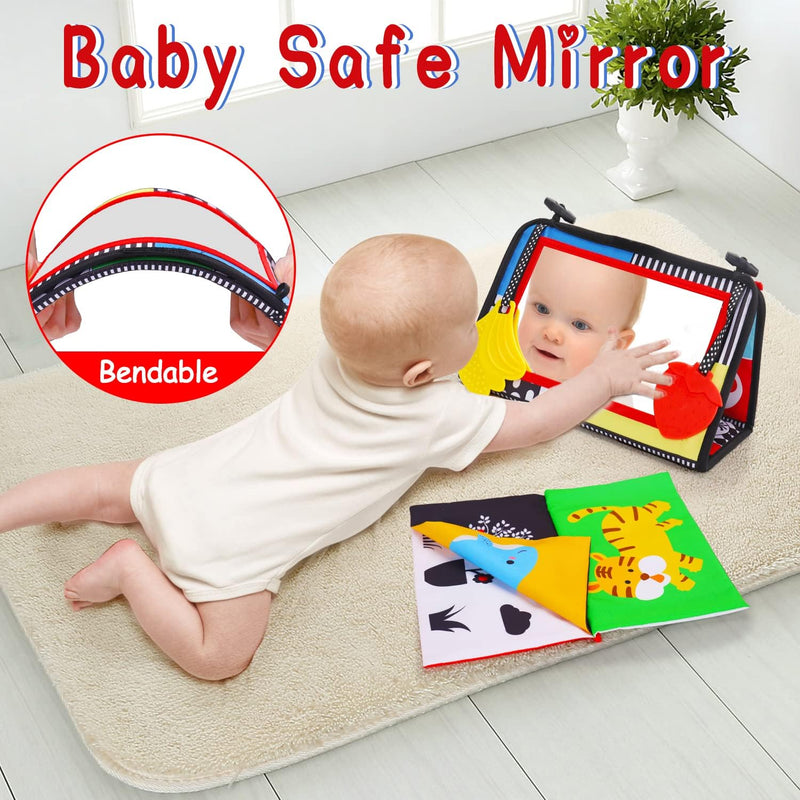 Tummy Time Baby Mirror & Soft Book: Newborn Brain Development, Teething Toy, High Contrast Patterns