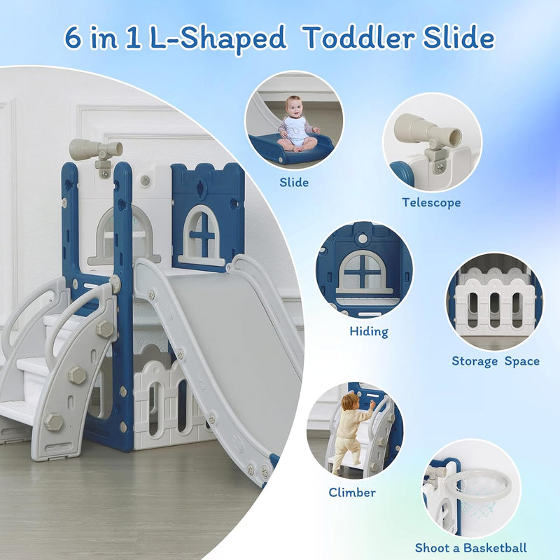 LulliSpace 6 in 1 Toddler Slide,Kids Climber Slider for Indoor Outdoor Playground with Basketball Hoop,Storage and Telescope,L Shaped Slide for Toddler Climber Playset