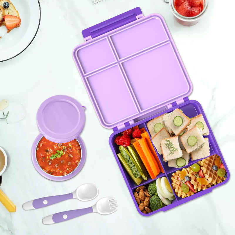 Aimsnk Lunch Box Kids, Bento Lunch Box for Kids with Thermo 8oz Food Jar, Leak Proof Hot Lunch Containers with 4 Compartment, Bento Box for Kid Toddler Insulated Lunch Bags for School (Purple)