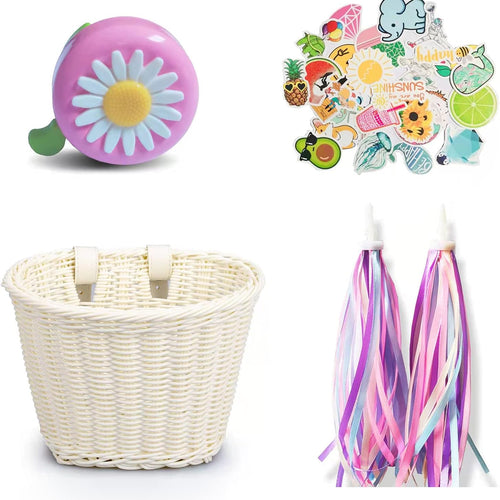 Colored Tassels Kid's Bicycle Basket with Streamers Bell and Stickers, Adjustable Wicker Front Handlebar Bike Basket for Girls and Boys