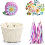 Colored Tassels Kid's Bicycle Basket with Streamers Bell and Stickers, Adjustable Wicker Front Handlebar Bike Basket for Girls and Boys