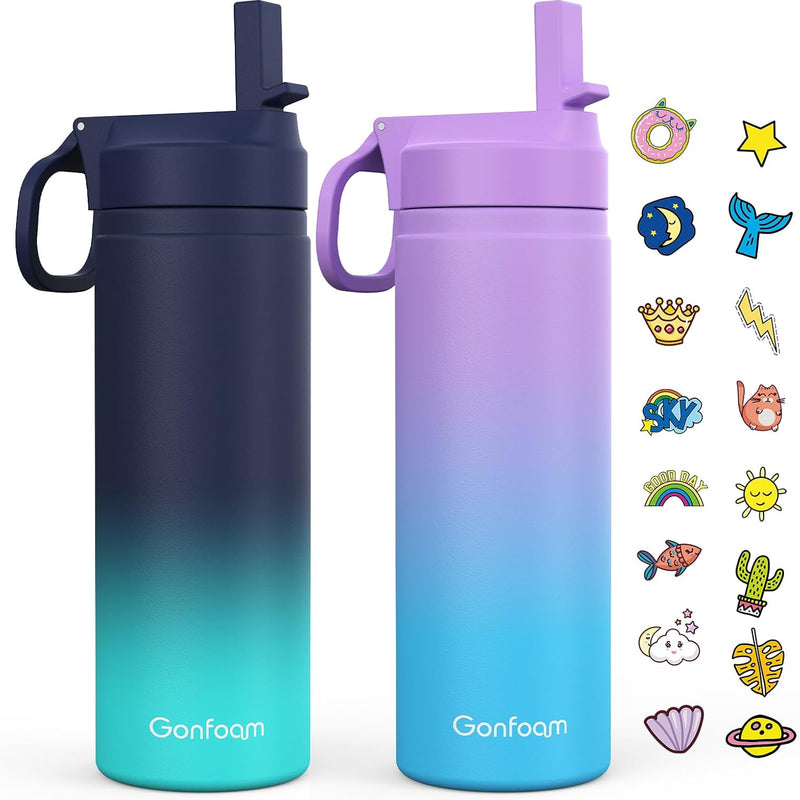 Gonfoam 16oz Kids Stainless Steel Insulated Water Bottle, 2 Pack | DIY Stickers, BPA-free, Leak-proof, Sturdy, Keeps Cold 24h, Easy to Carry, Easy to Clean, Back to School, Gifts