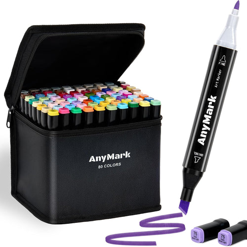 AnyMark Alcohol Markers, 80 Colors Dual Tip Art Coloring Markers Set for Adult Book Drawing Sketching Painting, Chisel & Fine, Black Penholder