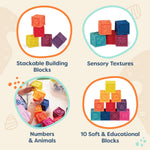 B. toys, One Two Squeeze Soft Building Blocks, 10 Pack, Blocks - 1, Baby | 10 soft blocks with numbers, shapes, colors, and animals; textured block play with reusable bag, Blocks - 1, Baby; 6+ Months