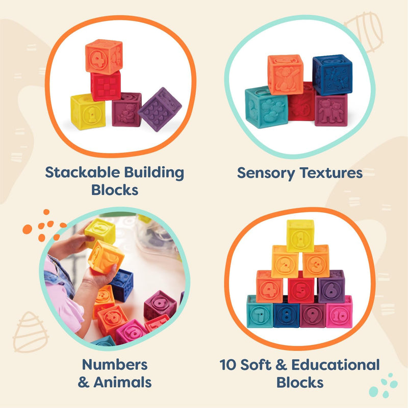 B. toys, One Two Squeeze Soft Building Blocks, 10 Pack, Blocks - 1, Baby | 10 soft blocks with numbers, shapes, colors, and animals; textured block play with reusable bag, Blocks - 1, Baby; 6+ Months