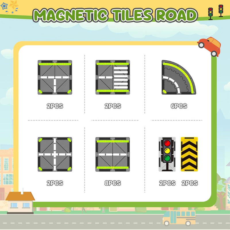 HarworLife Magnetic Tiles Road Set, Magnetic Building Blocks for Toddler Kids, Montessori Educational Magnet Toys for Kids Ages 3+Year Old, STEM Creative Toy for Christmas Birthday Gifts