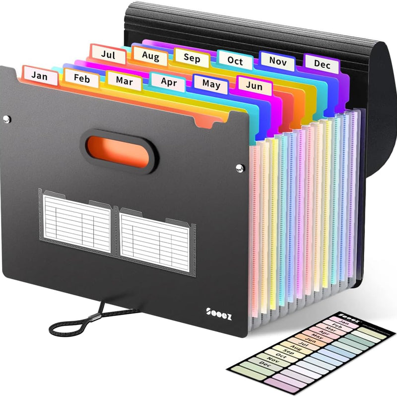Sooez Upgraded Accordion File Organizer, Expanding File Folder with Deeper 12 Pockets - Never Cover Up Index Tabs, Monthly Bill Paper Receipt Document Organizer, Letter A4 Size for Home Office School