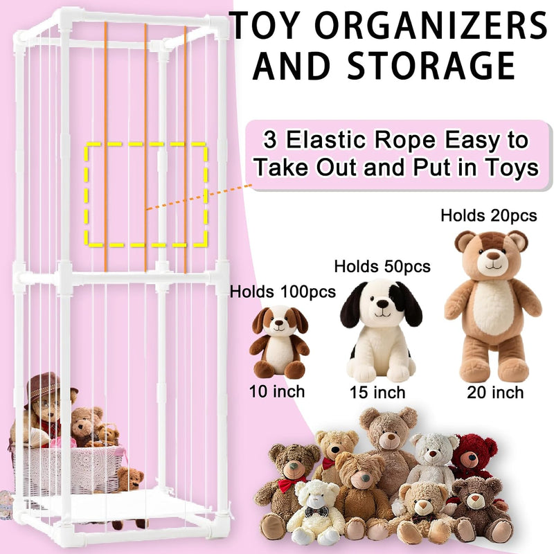 Large Stuffed Animal Storage Zoo Cage Holder, 19"x19"x56.3" Pre-Threaded Bungee Upgrade PVC Toy Organizers and Storage, Vertical Space Saving Plush Toys Zoo Holder, for Bedroom Playroom, White