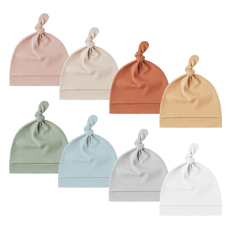 Konssy 8 Pack Baby Newborn Hats, Beanie Hat for Infant Girl Boy 0-6 Months | Knot Sleepy Baby Hats, Buttery Soft & Stretchy Fabric, Preemie & Newborn Hospital Hat, for All Season, (Beige)