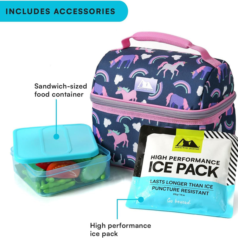 Arctic Zone Kids Lunch Box Combo with Gel Ice Pack and Sandwich Container, 2 Compartment Insulated Bucket for Travel Lunch, Unicorn Princess