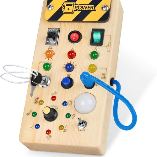 Montessori Wooden Busy Board with 8 LED Light Switches and Sensory Toys for 1+ Year Old Babies