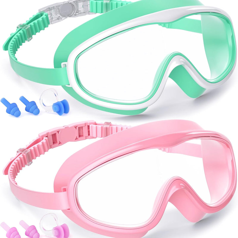 COOLOO Kids Swim Goggles for Age 3-15, 2 Pack Kids Goggles for Swimming with Nose Cover, No Leaking, Anti-Fog, Waterproof