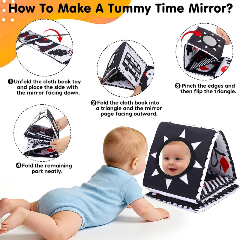 Black and White High Contrast Toys for Baby 0-3 3-6 months Infant Tummy Time Soft Crinkle Book Mirror Sensory Toys 0 2 4 5 6 Month Old Babies Boy Gril Newborn Development Christmas Stocking Stuffer