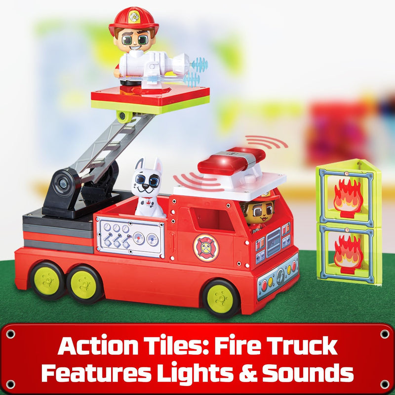 Tile Town Fire Station Magnetic Tiles Set, 66 Piece Kids Magnet Toy, Innovative Action Play Magnetic Tile Building Set Ages 3-6, Amazon Exclusive