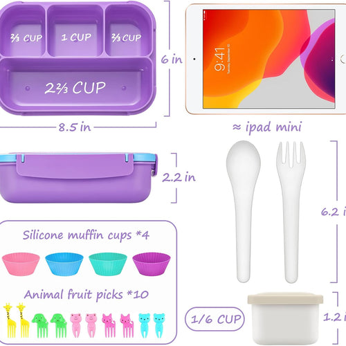 QQKO Bento Lunch Box for Kids Girls Boys, Toddler Kids Lunch Boxes for School, Lunch Containers for Adults with 4 Compartments, Sauce Container, Utensils, Food Picks and Muffin Cups, Purple