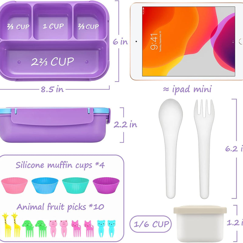 QQKO Bento Lunch Box for Kids Girls Boys, Toddler Kids Lunch Boxes for School, Lunch Containers for Adults with 4 Compartments, Sauce Container, Utensils, Food Picks and Muffin Cups, Purple