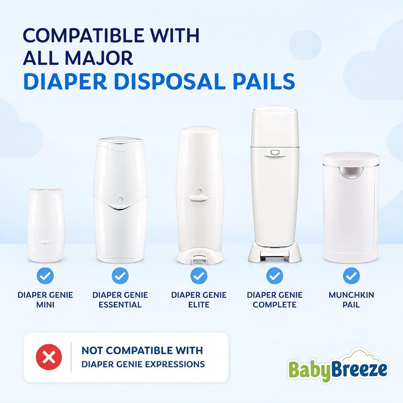 BabyBreeze Diaper Pail Refill Bags for Diaper Genie, 5-Pack, 1400 Count | Odor-absorbing Diaper Disposal Bags Compatible with Playtex Diaper Genie Pails; 5-Pack Holds up to 1,400 Newborn Diapers