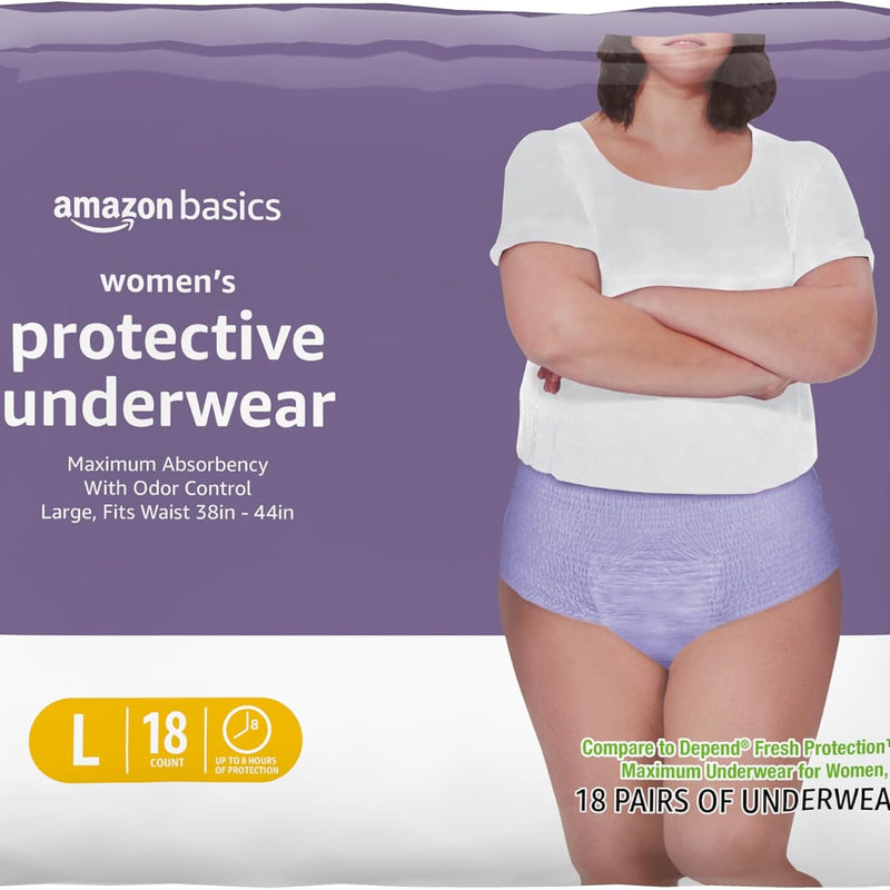 Amazon Basics Postpartum Incontinence Underwear for Women, Maximum Absorbency with Bladder Leak Protection, Fresh Protection, Disposable, Large, Lavender, 18 Count