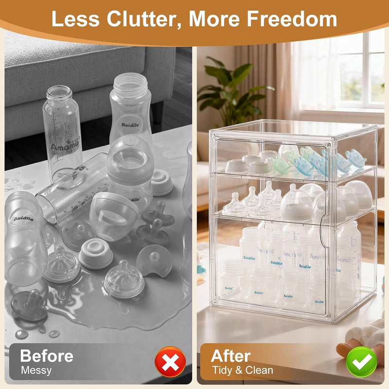 ERTIUANIO Baby Bottle Organizer – 3 Tier Acrylic Bottle Storage Organizer container, Clear Plastic Bottle Station Organizers Drawers for Countertop Kitchen Cabinet Vanity, Bathroom, Gifts for New Mom