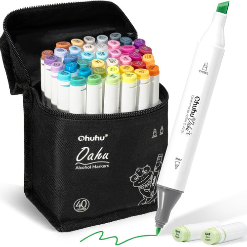Ohuhu Alcohol Markers - AP Certificated Double Tipped Art Marker Set for Artists Adults Coloring Illustration -Refillable - 40 Colors - Chisel and Fine Dual Tips - Oahu of Ohuhu Markers