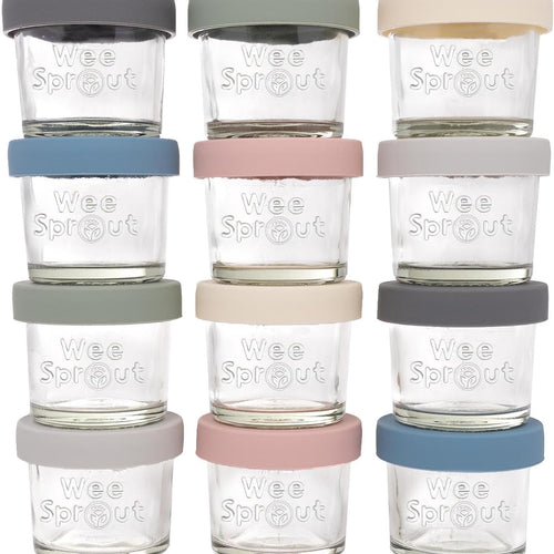 WeeSprout Glass Baby Food Storage Jars with Silicone Lids (4 oz, 12 Pack Set) Snack, Puree, Reusable Small Containers, Breast Milk, Fridge or Freezer, Essential Must Have for Infants