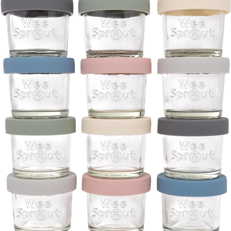 WeeSprout Glass Baby Food Storage Jars with Silicone Lids (4 oz, 12 Pack Set) Snack, Puree, Reusable Small Containers, Breast Milk, Fridge or Freezer, Essential Must Have for Infants