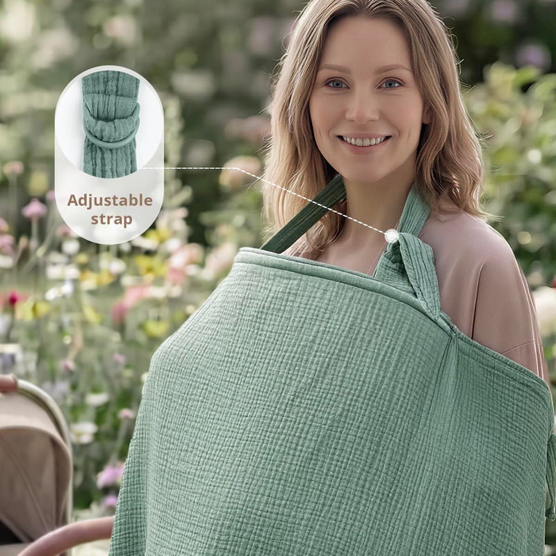 Blissful Diary Muslin Nursing Cover for Breastfeeding, Breathable Breastfeeding Cover up with Arch Neckline for Women, Nursing Apron (Roman Green)