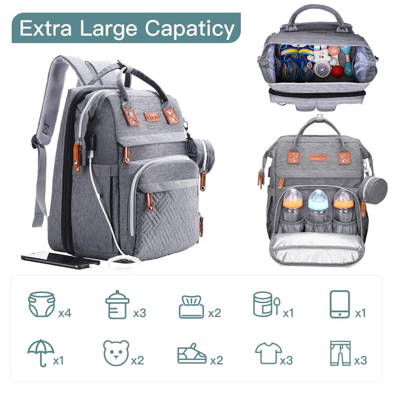 ISMGN Diaper Bag Backpack with Changing Station, Baby Bag for Mom, Grey | Baby Diaper Bag, Large Diaper Bag Backpack, Baby Bags for Boys Girls, Mens Diaper Bag, Diaper Backpack for Women