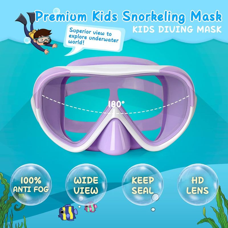Kids Swim Mask 180° Snorkel Diving Mask, Anti-Fog Child Swim Goggles with Nose Cover No-Leak Swimming Goggles Anti-Shattered Lens for Youth 4-15