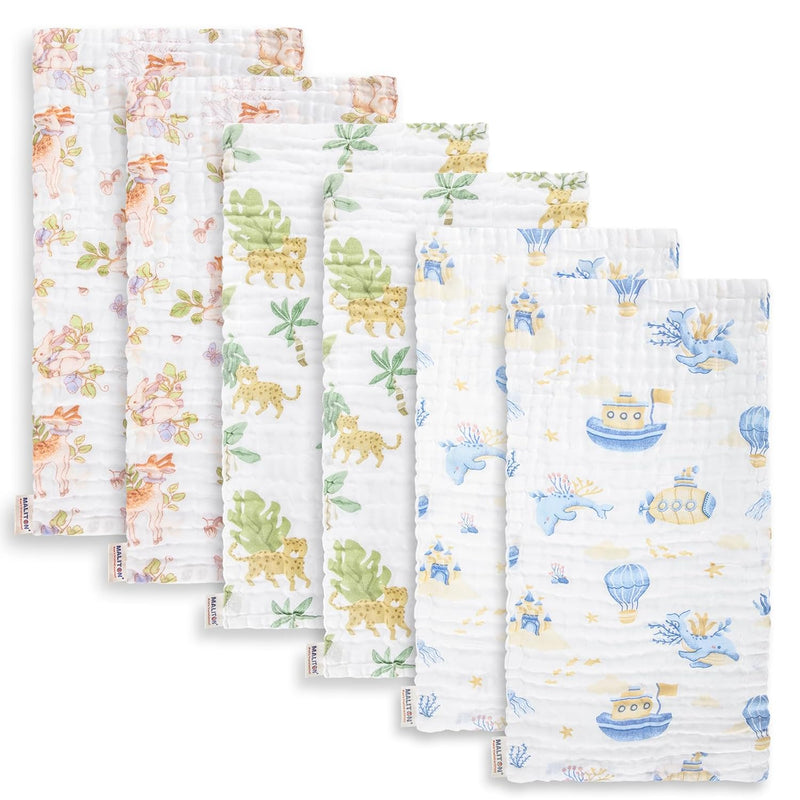 Maliton Muslin Baby Burp Cloths 6 Pack Large 20''x10'' 100% Cotton Burp Rags Absorbent and Soft 6 Layers Muslin Cloth Baby Essentials for Newborn(Zoo Pattern, Pack of 6)