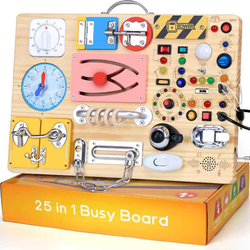 busy board with 19 led light switches for 1-3 year olds, montessori toy for toddlers with 40 led lights and 26 alphabet letters