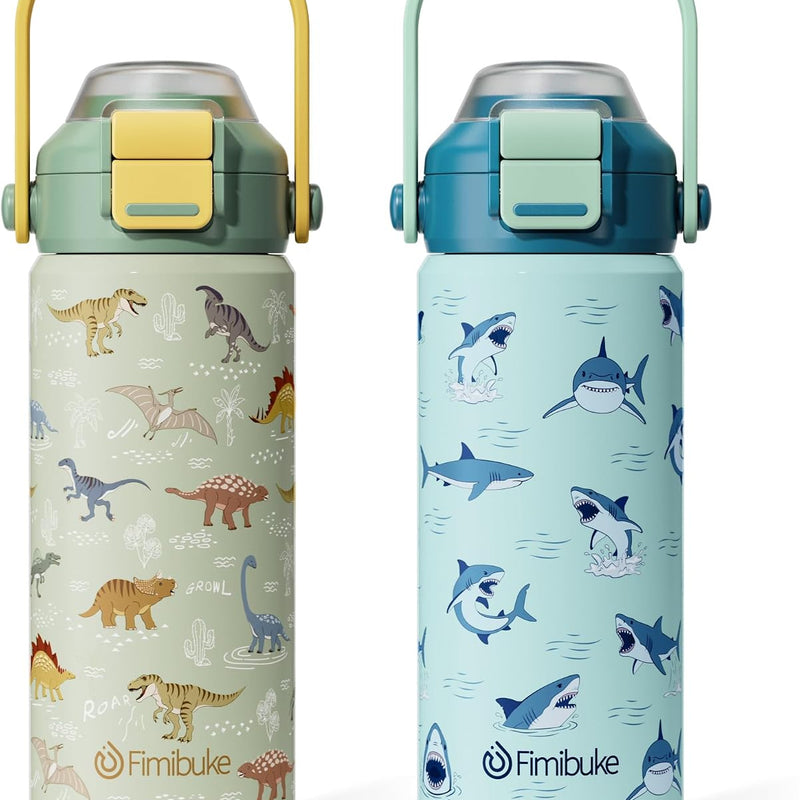 Fimibuke 18oz Kids Insulated Water Bottle with 2-in-1 Straw & Spout Lid | Leak Proof 18/8 Stainless Steel Vacuum Tumbler with Pop-Open Lid, BPA-Free Kids Cup for Travel School Girl Boy Toddler 2 Pack