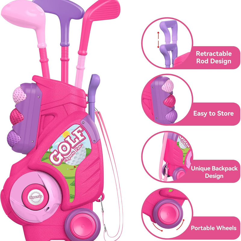 Liberry Toddler Golf Clubs Set Toy for 1 2 3 4 Years Old Girls Boys, Pink | Upgraded Kids Golf Cart, Shoulder Strap Design, Indoor and Outdoor Sports Game, Birthday Gifts for Baby
