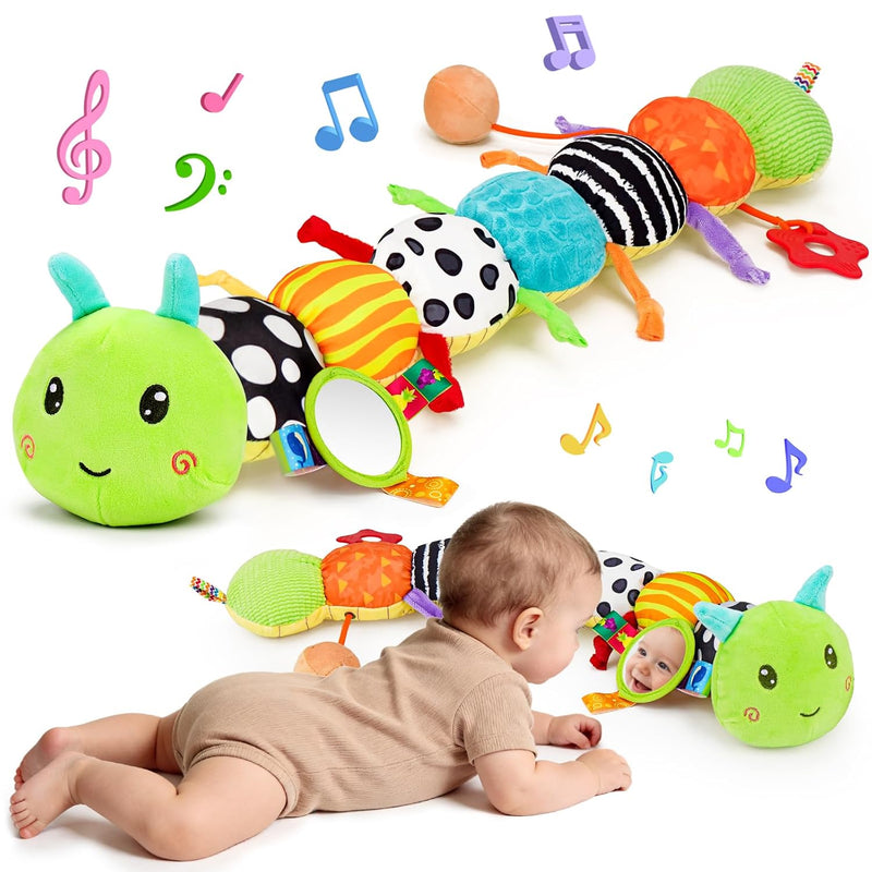 Topsochir Baby Sensory Toys 0-6 Months Music Animal Stuffed Plush Caterpillar Toy for Infant 0-3-6-12 Month Old Tummy Time with Mirror Crinkle Rattle Toys for Newborn Boys Girls Shower Birthday Gifts