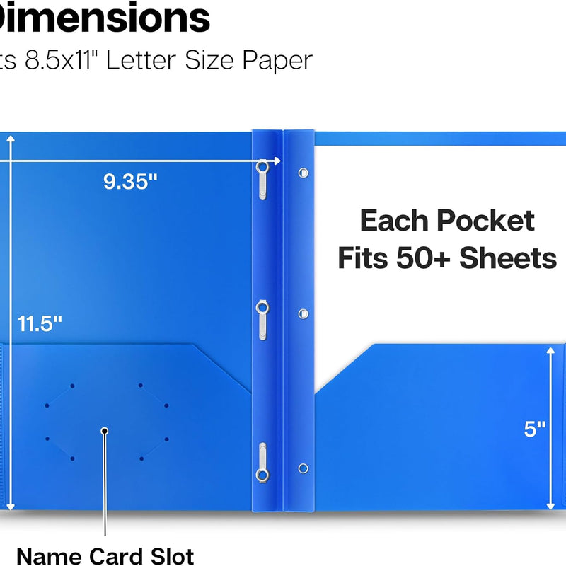 Dunwell Plastic 2 Pocket Folders with 3 Prongs, (6 Pack, Assorted Colors), 3-Clasp Folders with Fasteners, Tear-Resistant, Long Lasting Acid-Free Poly, Includes Labels