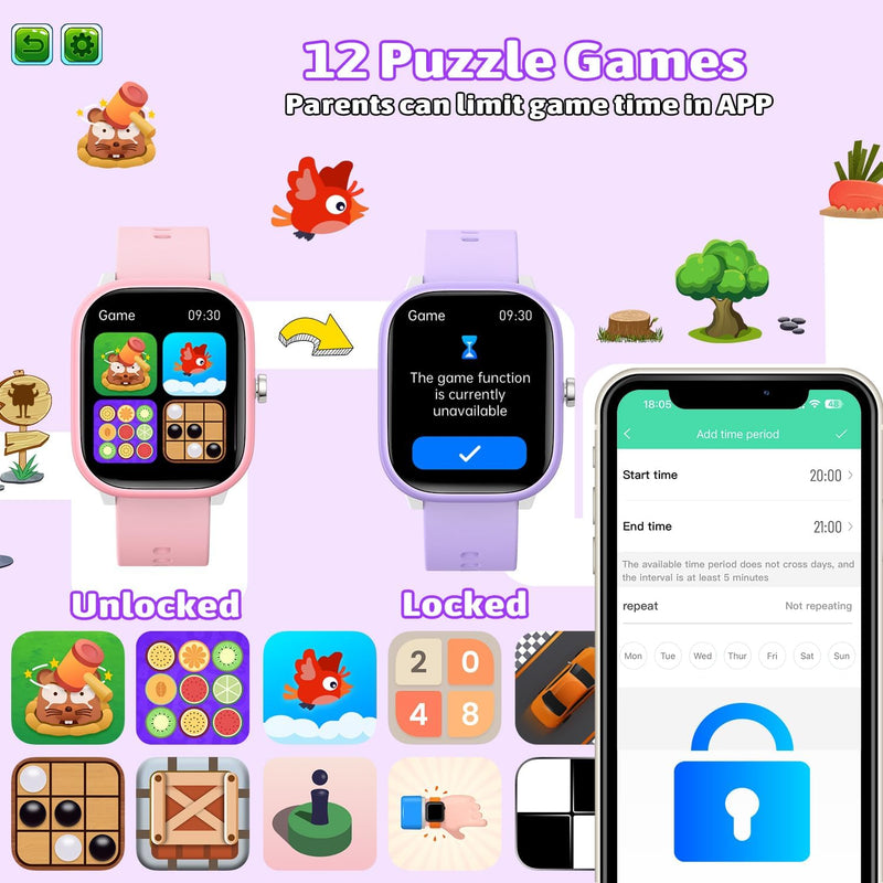 Smart Watch for Kids - No App/Phone Needed, 1.8" IP68 Waterproof, Pedometer, Heart Rate, Sleep Monitor, 12 Puzzle Games