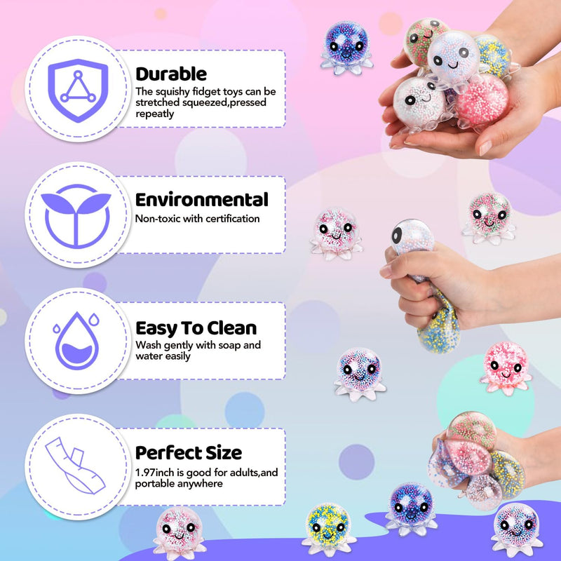 VESPRO 12 Pack Fidget Stress Balls for Adults, Cute Octopus Stress Sensory Stress Ball, Bulk Squishy Squeeze Ball Toys Set for Classroom Prizes and Birthday Party Favors