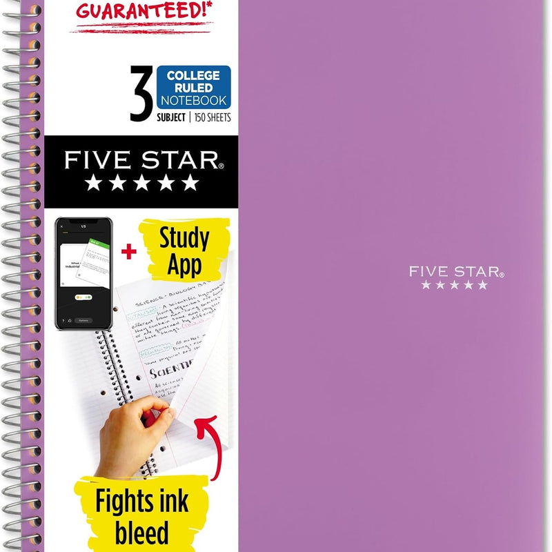 Five Star Spiral Notebook + Study App, 3 Subject, College Ruled Paper, Fights Ink Bleed, Water Resistant Cover, 8-1/2" x 11", 150 Sheets, Green (72067)