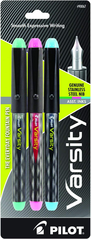 Pilot Precise Varsity Pre-Filled Fountain Pens for Writing, Medium Point Stainless Steel Nib, Black/Blue/Red/Pink/Green/Purple/Turquoise Ink, 1.0mm, 7-Pack