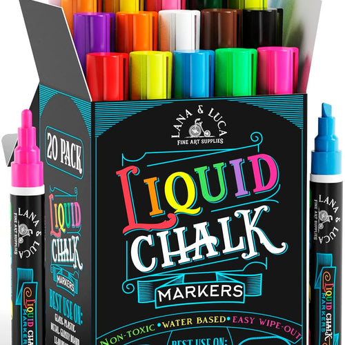 LANA & LUCA Liquid Chalk Markers for Blackboards - Bold Color Dry Erase Marker Pens - Chalk Markers for Chalkboards Signs, Windows, Blackboard, Glass - 6mm Reversible Tip (20 Pack)