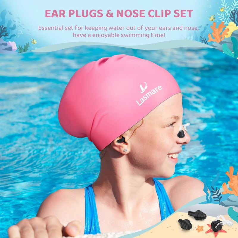 Silicone Swim Cap for Kids with Long Hair, 3 Sizes for Toddlers, Children & Teens Age 1–15, Waterproof Swimming Hat for Girls & Boys