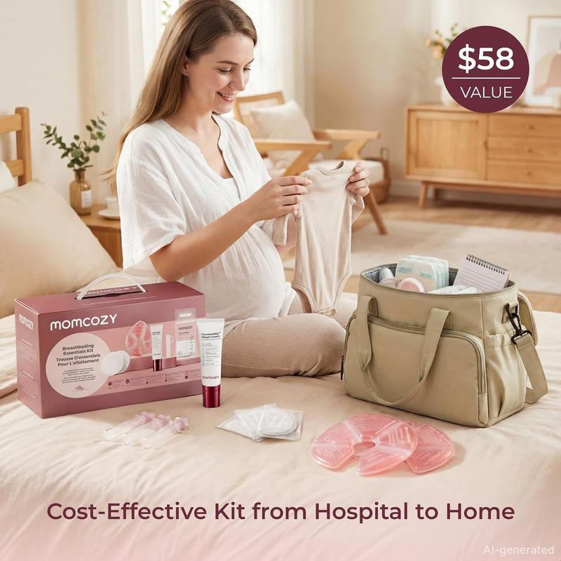Momcozy 73PC Breastfeeding Essentials Kit,New Moms Postpartum Essentials | Hospital Bag Must-Haves, with Nursing Pads, Hot & Cold Breast Pads, Nipple Cream, Colostrum Collectors, Milk Storage Bags