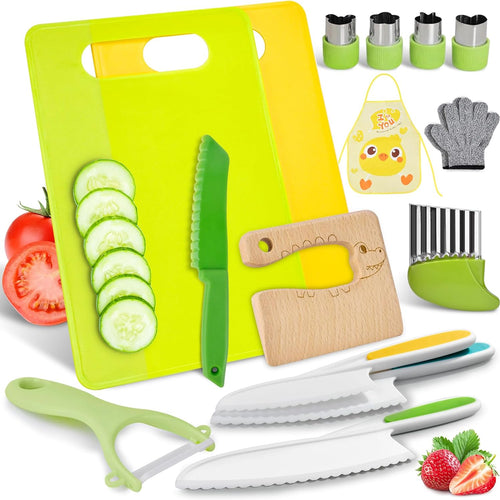 Montessori kitchen toys for toddlers, 15PCS cooking set with real knife, kids safe cooking sets, Easter gifts for kids
