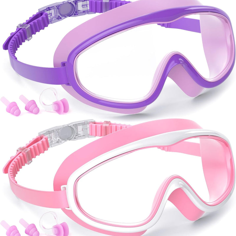 COOLOO Kids Swim Goggles for Age 3-15, 2 Pack Kids Goggles for Swimming with Nose Cover, No Leaking, Anti-Fog, Waterproof