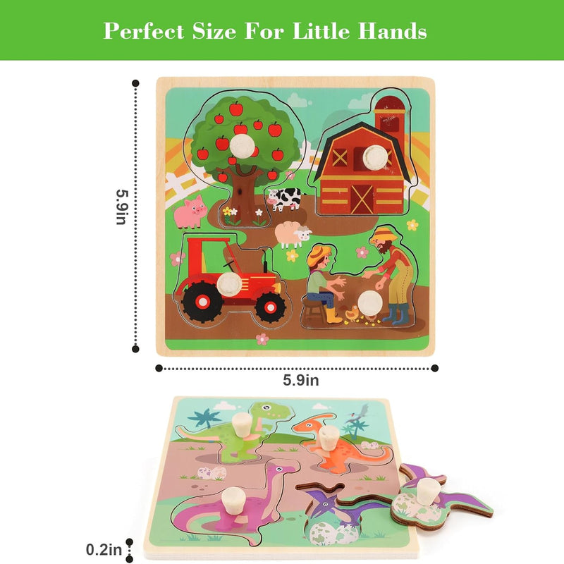 4-piece Wooden Peg Puzzles for Toddlers, Farm Dinosaur Fruit Marine Animals Preschool Learning Toys