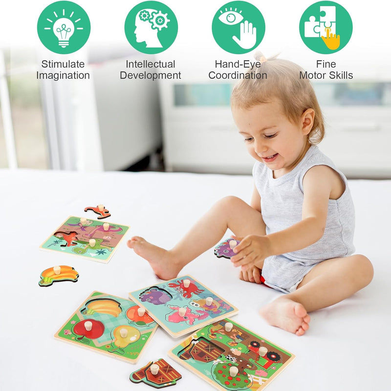 4-piece Wooden Peg Puzzles for Toddlers, Farm Dinosaur Fruit Marine Animals Preschool Learning Toys