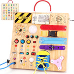 Montessori Wooden Busy Board with 8 LED Light Switches and Sensory Toys for 1+ Year Old Babies